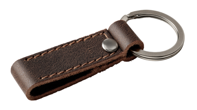 Dark brown leather key fob with metal rings
