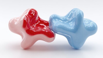 Two abstract, glossy,  3D shapes, red and blue,  intertwined