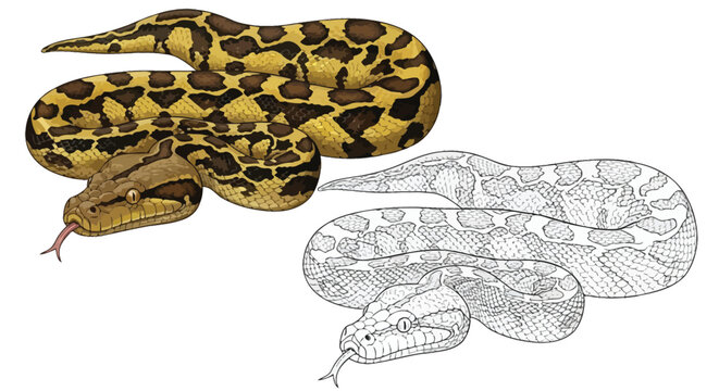 Reticulated Python Coloring Sheet with Two Styles Outline Color Educational Reptile Art