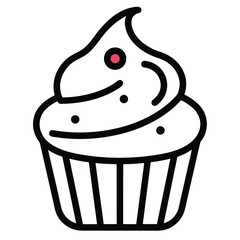 Outlined Cupcake with Icing Topping and Red Dot on a White Background