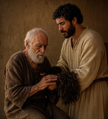 Jacob blessing from Isaac - Arms in goat hair disguised as Esau Old Testament Bible