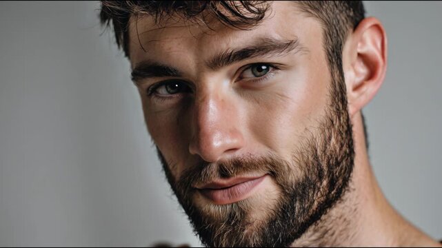 Portrait of a bearded man on a gray background looking at the camera.