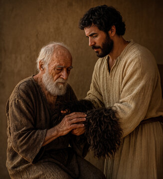 Jacob blessing from Isaac - Arms in goat hair disguised as Esau Old Testament Bible