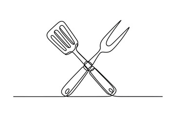 Continuous Line Drawing of BBQ Tools | Editable Stroke Vector of Grill and Spatula.