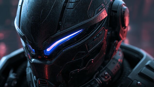 Shining sci-fi combat helmet showcasing armored plating, exposed bolts in bay, with LED visor glow - Powered by Adobe