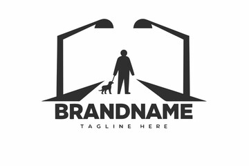 Minimalist of Person Walking Dog Under Streetlights on White