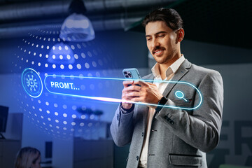 Professional man uses smartphone to explore innovative technology solutions in modern office setting during afternoon hours