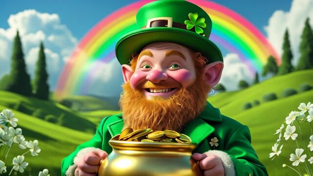 Cheerful leprechaun with rosy cheeks and a playful grin clutching a pot of gold beneath a bright rainbow over rolling green hills, joyfully celebrating St. Patrick&rsquo;s Day