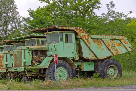 Big Green Dump Trucks Parked Near Mine in East Serbia