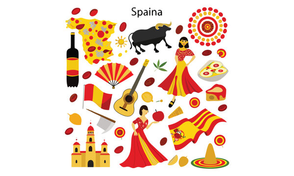 Spain Icons Set Flamenco, Guitar, Paella, Flag & Wine