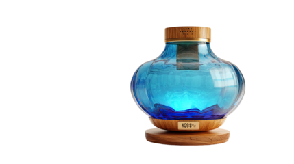 A blue glass diffuser with wooden base