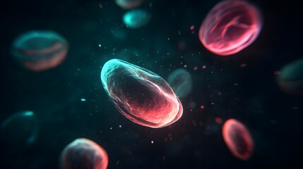 Fototapeta premium Glowing molecular structures of fat cells against a cosmic background, representing dietary impact.