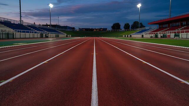 Empty athletic stadium track at dusk with bright lights illuminating the lanes and empty grandstands