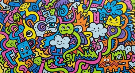Colorful Doodle Art Illustration with Fun Characters and Bright Background for Design