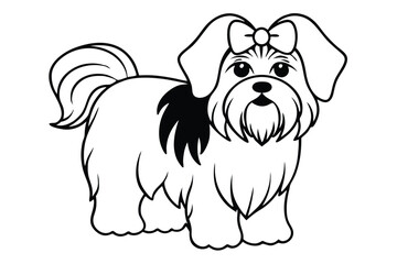 Line Art of Cute Cartoon Dog with Bow on White Background
