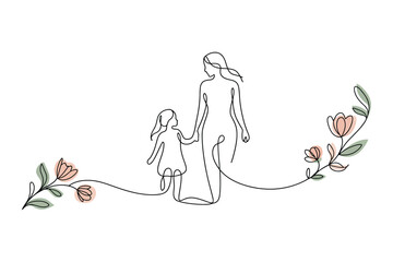 Mother and Child with Floral Design – Family Bond, Parenthood, Care Minimal Illustration
