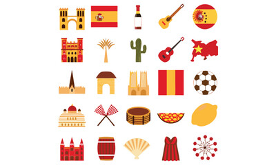 Spain Icons Set Flamenco, Guitar, Paella, Flag & Wine