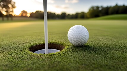 Obraz premium Close up of a white golf ball resting on a lush green golf course next to the hole and flagstick at sunset