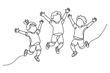 One Line Drawing of Happy Kids Playing | Continuous Line Art of Children Jumping.