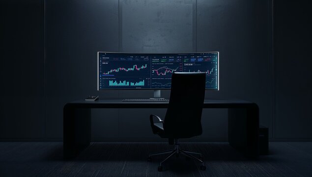 Displaying ultrawide curved monitor showing financial charts in office, with keyboard, smartphone