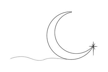 Continuous One Line Drawing of a vector illustration of a moon and stars