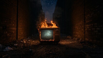 Burning vintage CRT television with cracked screen in brick alley at night, emitting smoke, flames