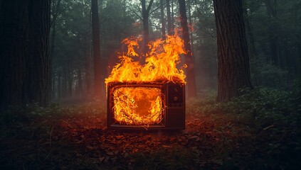 Burning vintage CRT television set throwing roaring orange flames across misty pine forest clearing