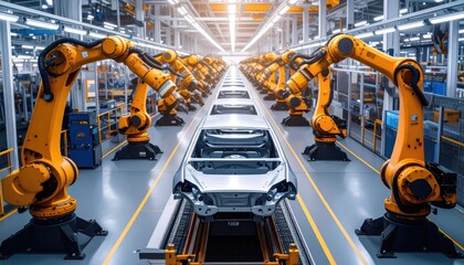 Silver vehicle chassis proceeds down a robotic assembly line, bathed in bright, industrial lighting, showcasing advanced automated manufacturing processes