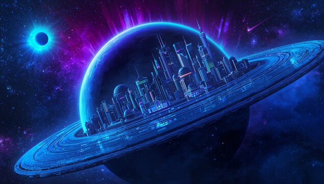 Glowing ringed planet city showcasing skyscrapers and domes in space, with nebula clouds and moon