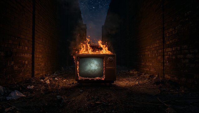 Burning vintage CRT television with cracked screen in brick alley at night, emitting smoke, flames - Powered by Adobe
