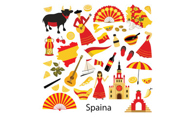 Fototapeta premium Spain Icons Set Flamenco, Guitar, Paella, Flag & Wine