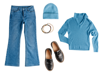 Top view of set or collection of warm cozy autumn winter clothes of blue casual outfit flare jeans, sweater, warm knitted hat, leather loafers and accessories bracelet isolated on white background