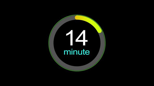 14 minute countdown clock icon, a dynamic circle and 14 minute clock loading icon animation. black background and creating a stunning 4k video.
