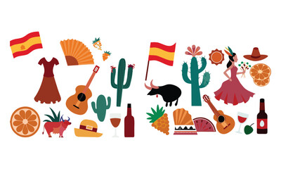 Spain Icons Set Flamenco, Guitar, Paella, Flag & Wine