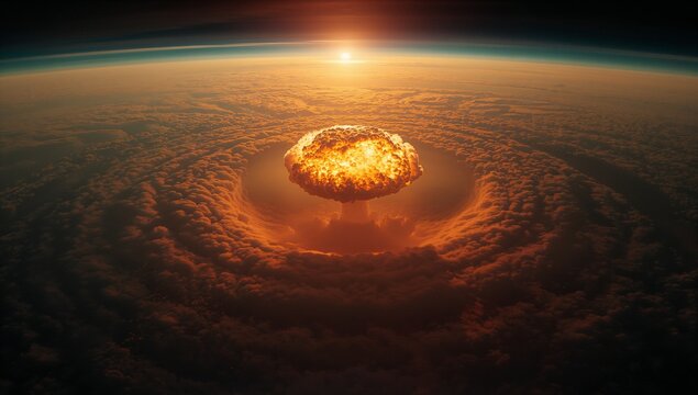 Displaying fiery mushroom cloud rising above planet, with shockwave in cloud layers and glowing sun