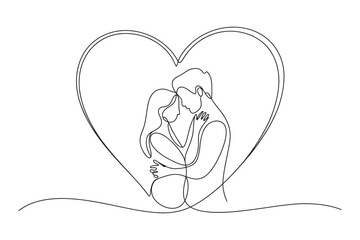 Continuous Line Couple Hug in Heart Illustration Minimal Romantic Drawing