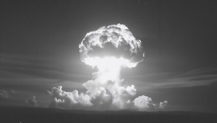 Forming towering mushroom cloud, nuclear detonation glowing above distant horizon, with smoke plume