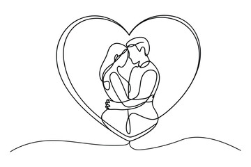 One Line Couple Hug Inside Heart Symbol Minimalist Passion Design