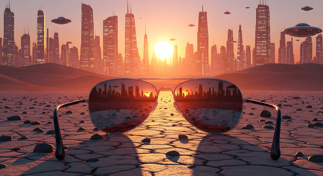 City Sunset Reflections in Sunglasses Futuristic Desert Landscape Utopia Future