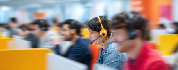 Focused image of customer service representatives in a bright, busy call center. Conveys teamwork, efficiency, and professional support. Ideal for business, tech, and communication themes.