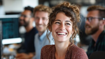 Happy young businesswoman smiling in modern office with colleagues, diverse team, corporate career growth, professional success, workplace motivation concept