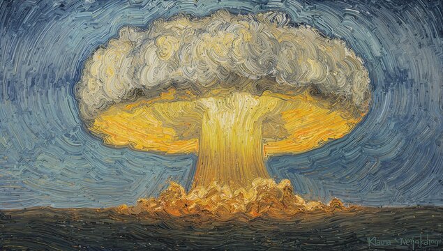 Depicting massive mushroom cloud rising over horizon line in painting with swirling sky patterns - Powered by Adobe