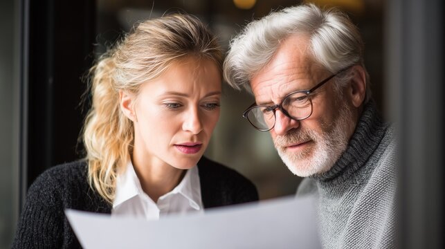 Businessman and businesswoman analyzing document together, corporate teamwork, financial consulting, professional mentoring, office discussion concept
