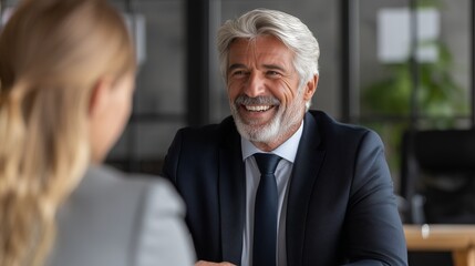 Happy Senior Businessman in Suit Smiling at Colleague During Meeting, Mature Corporate Executive at Job Interview or Negotiation