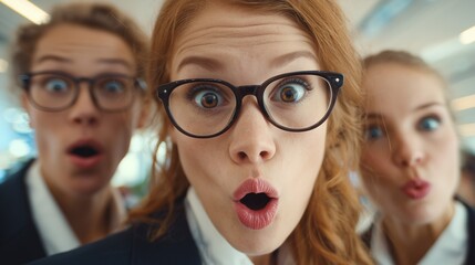 Surprised Office Team Making Funny Faces at Camera, Business Colleagues and Workplace Humor Concept