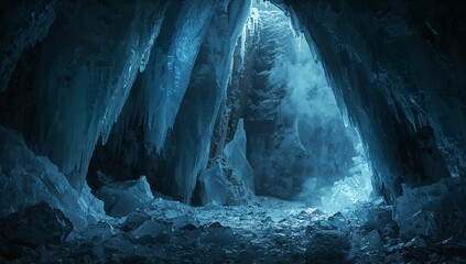 Drifting pale blue mist beam illuminating cave interior, with frozen walls, icicles and ice shards