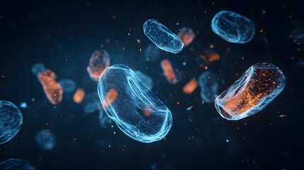 Obraz premium Glowing molecular structures of fat cells against a cosmic background, representing dietary impact.