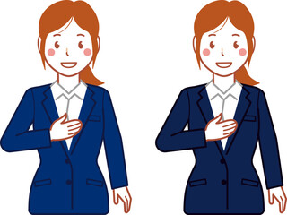ネイビースーツ、ポニーテールの胸に手を当てる若い女性
