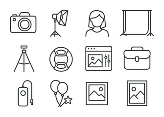 Photography Equipment Icons. Outline icon set of personalized portrait sessions: camera, studio light, client,