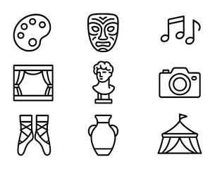 Cultural Fusion Icons. Outline icon set of fusion of arts and cultures: artist palette, traditional mask,